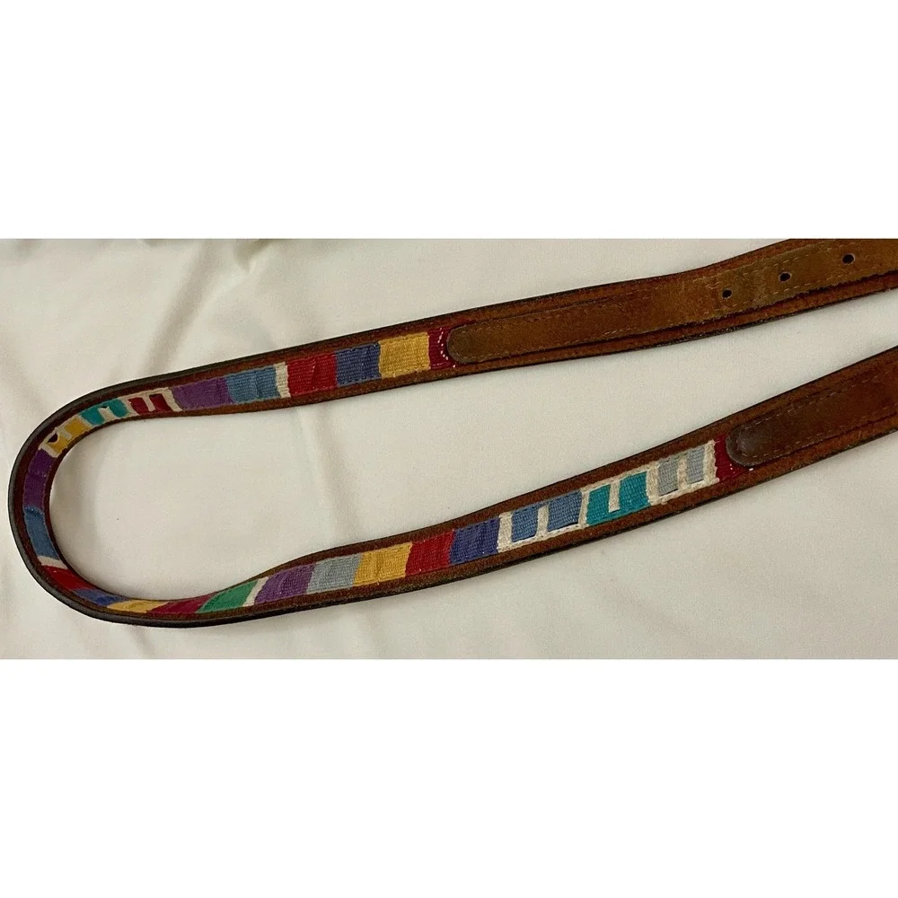 Lytone Belt Mens 32 Brown Leather Western Brass Buckle Needlepoint USA